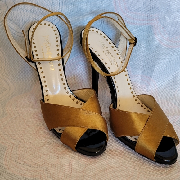 NEW YSL SAINT LAURENT BLACK & GOLD SIZE 37 HEELS - Picture 4 of 11